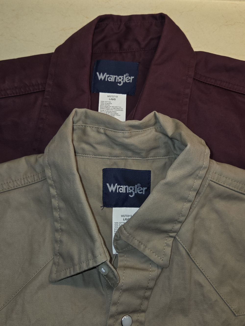 2 Wrangler Heavy Duty Canvas BrushPoppers Western Shirt Solid Pearl Snap LG NWOT